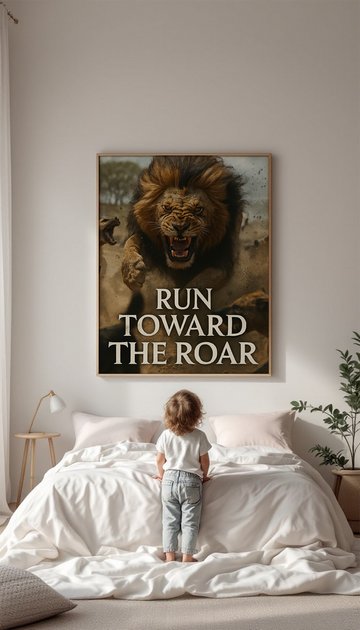 Run Toward the Roar – Courageous Motivational Lion Quote Wall Art